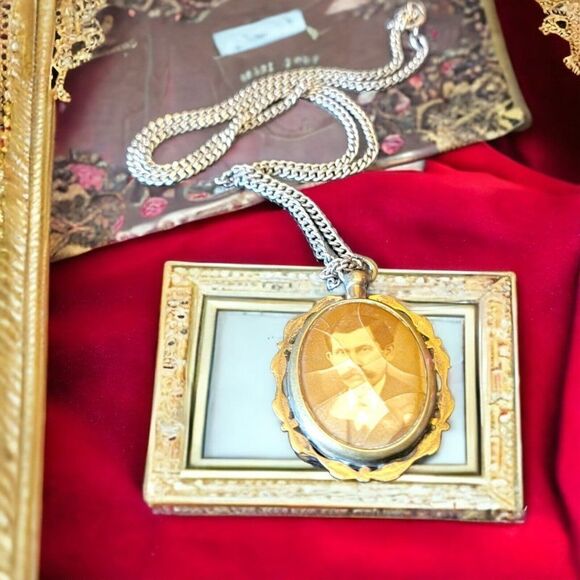 Antique Vintage Sterling Silver Miniature Portrait Pendant Necklace Young Man